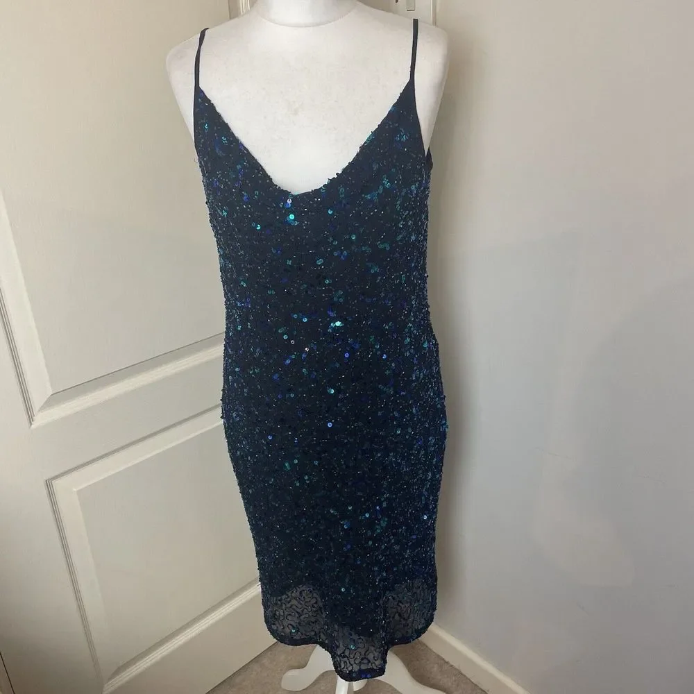 Y2K 00s George Size 12 Cowl Sequin Dress Green Black Festive Xmas - Picture 1 of 13